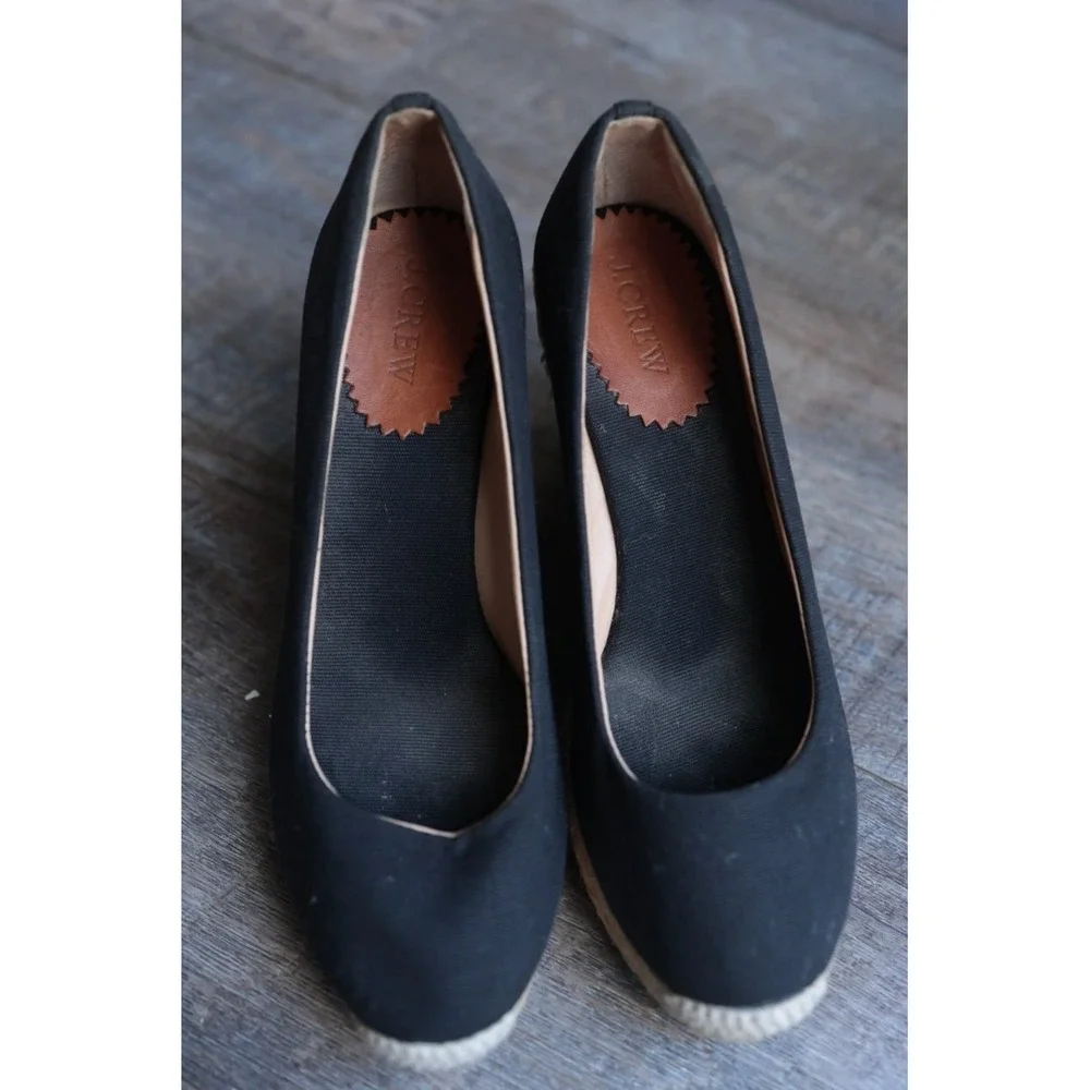 J.Crew Seville Black Canvas Closed Toe Espadrille Wedge Heels Size 7.5